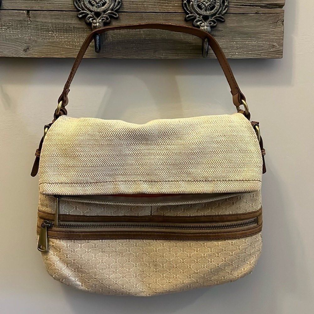 Fossil Explorer Bag Foldover Flap Canvas & Leather Zip Top Magnetic Closure